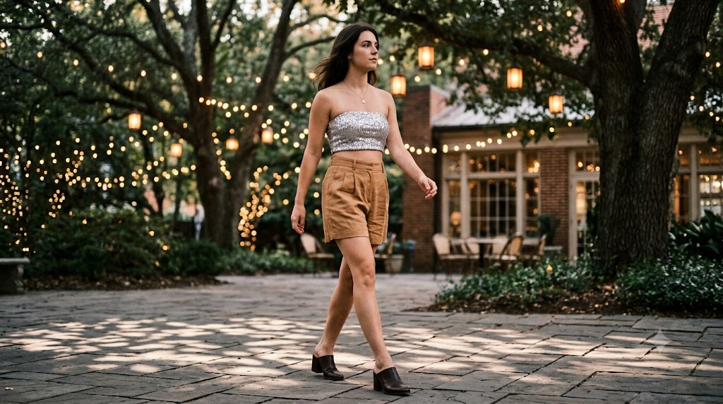 Silver Sequin Crop Top & Pleated Camel Shorts